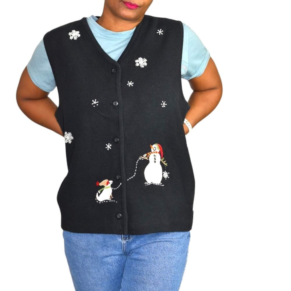 Vintage Holiday Sweater Vest Black Woolrich Christmas Festive Dog Snowman XL